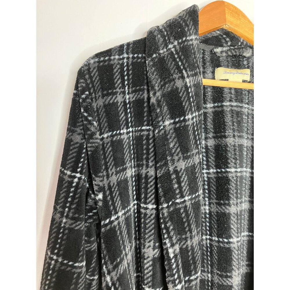 Tommy Bahama Mens Black & Gray Plaid Fleece Robe S/M - Picture 2 of 7